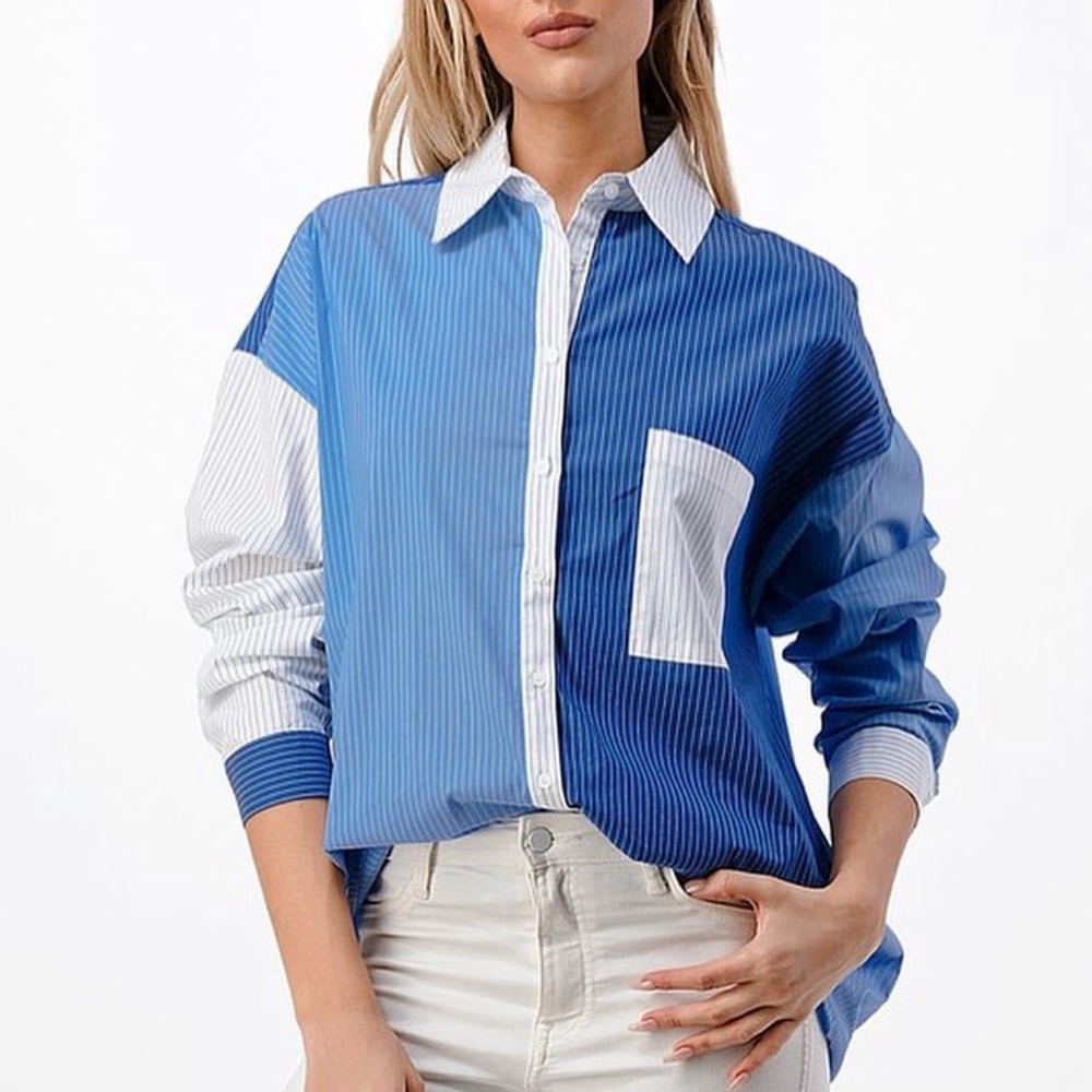 Blue and White Striped Collared Shirt